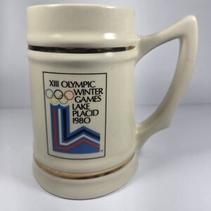 Vintage Lake Placid 1980 Xlll Olympics Winter Games Cream Ceramic Mug 6in.